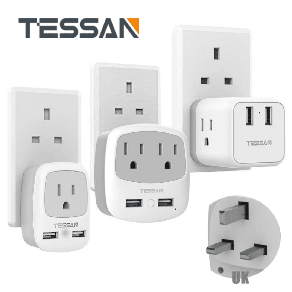 Safe Grounded Type G TESSAN UK Power Adapter with 3 American Outlets and 2 USB Charging Ports UK Ireland Hong Kong Travel Adapter Plug USA to UK British England Scotland Irish Outlet Adaptor 