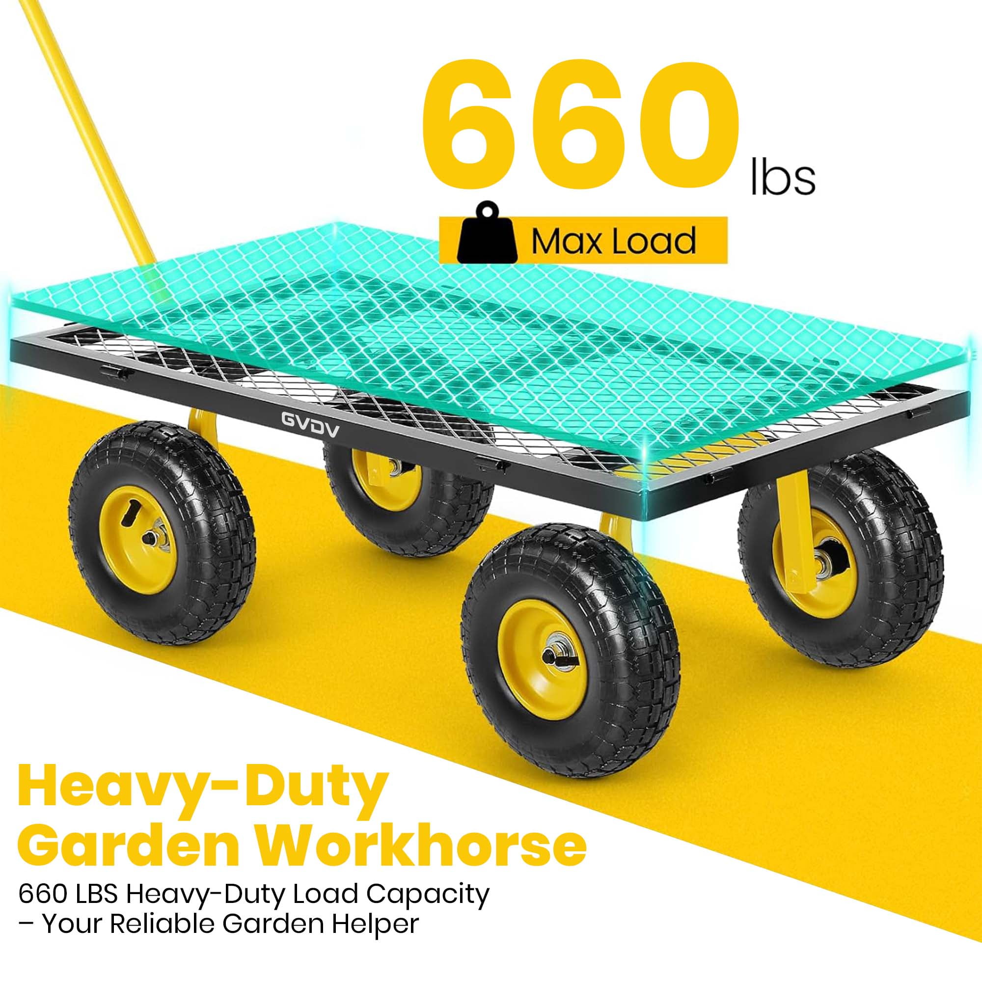 GVDV Heavy Duty Steel Garden Cart with Liner, 40" x 20", 660lbs Capacity, 10" Wheel, Utility Cart for Yard Work Hauling and Outdoor Use, Black/Yellow