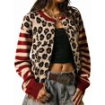 thumbnail image 3 of Women's Leopard Print Striped Patchwork Button Front Cropped Knit Cardigan Red S, 3 of 10