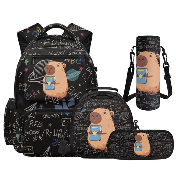 Yspwyqan Math Capybara 4Pcs Backpack Set with Lunch Box Pencil Case Water Bottle, Multi-Pocket Lightweight Kids Backpack Set Fits 15.6 Laptop for Elementary Middle School