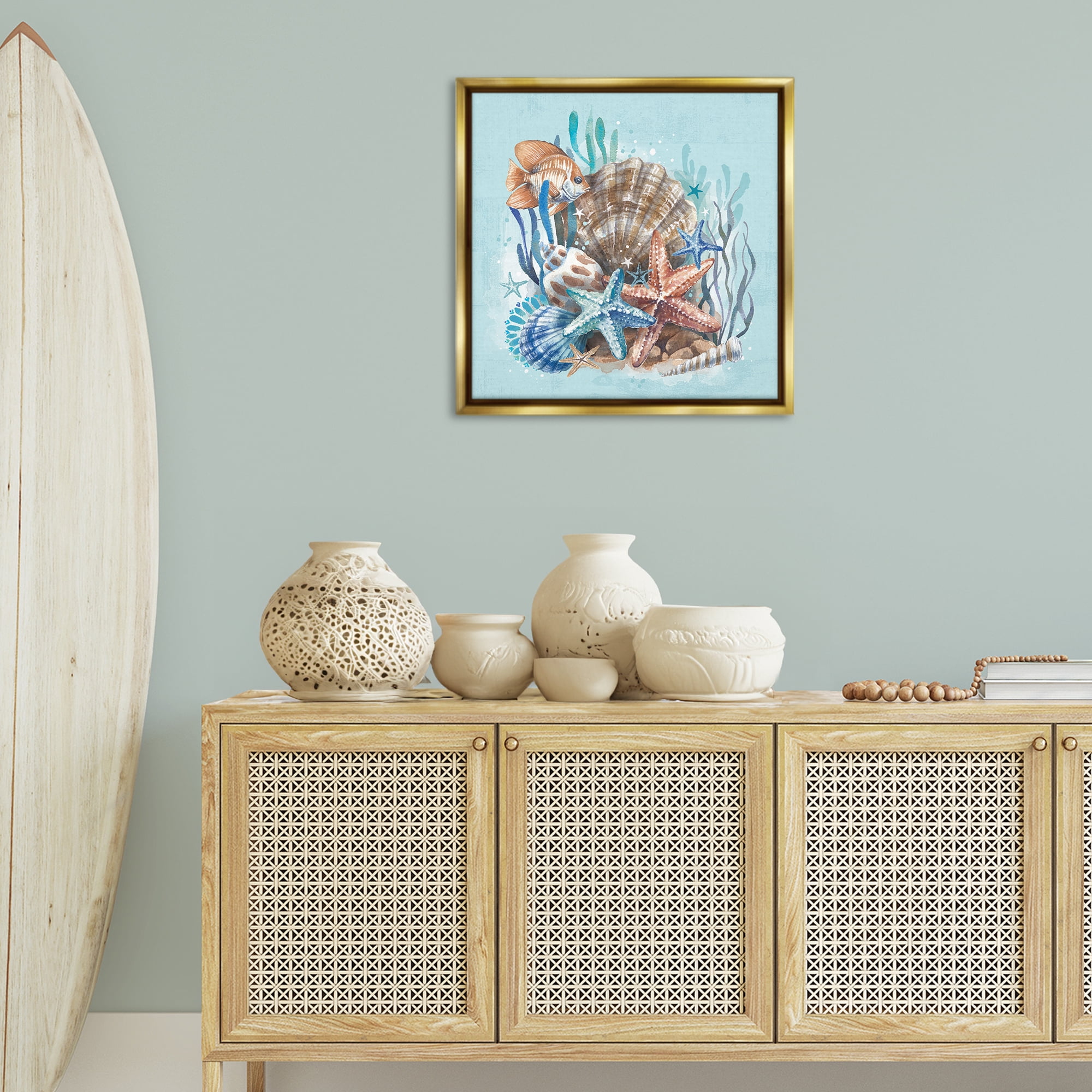 Stupell Industries Seashell Still Life Coastal Painting Gold Floater Framed Canvas Art Print Wall Art, 25 x 25