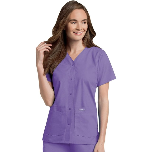 Landau Essentials Haut d'Uniforme à Boutons-Pression pour Femme, Coupe Classique Décontractée, Col en V, 4 Poches