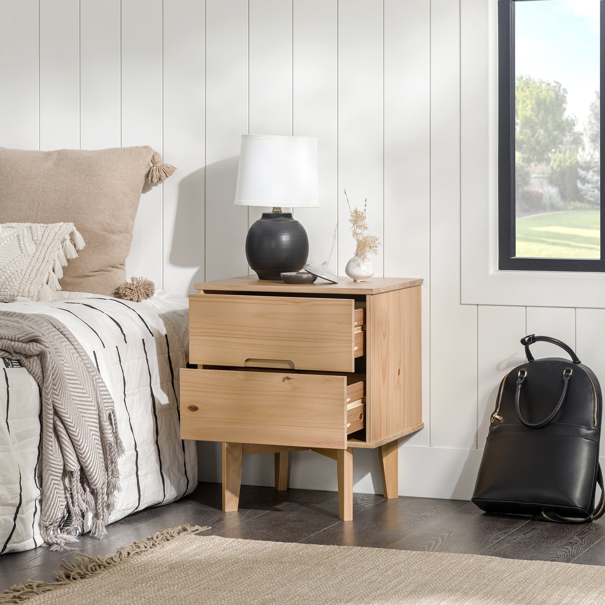 Walker Edison 22” Mid-Century Modern Groove Handle Solid Wood Nightstand, Natural Pine