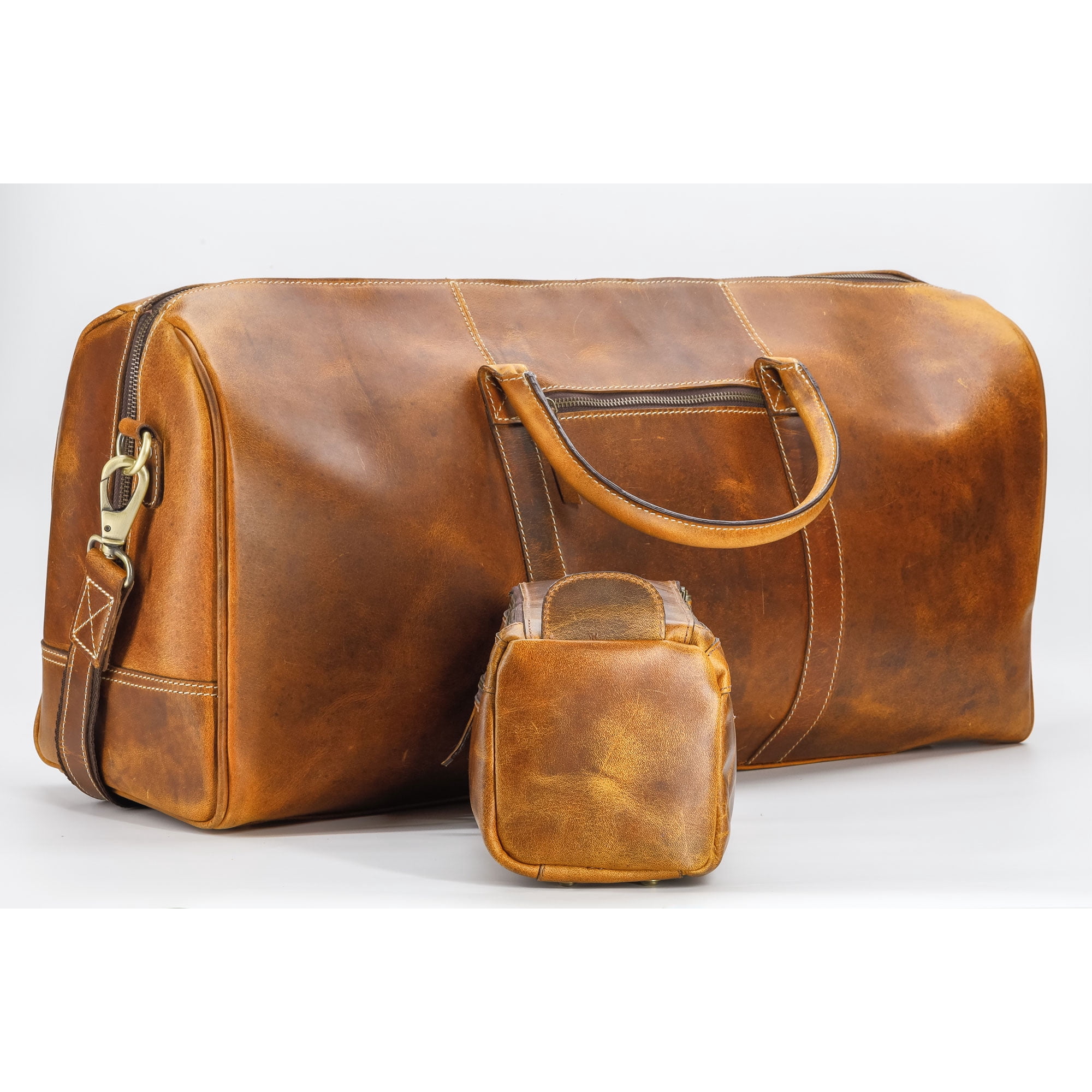 Men’s Full Grain Buffalo Leather Duffel Bag with Toiletry Kit – 24" Handmade Weekender Travel Bag with YKK Zippers & Brass Hardware
