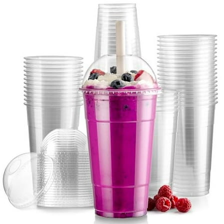 [100 Pack] 24 oz Clear Plastic Cups with Dome Lids, Disposable Iced Coffee Cups, BPA Free Crystal Boba Cup for Party, Smoothie, Juice, Frappuccino, Bubble Boba, Dessert, Fruit, Milkshake