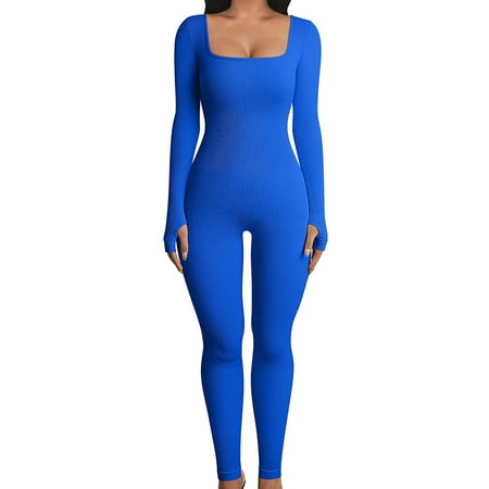 

Women Fashion Wild Jumpsuits Solid Color Square Neck Long Sleeve Long Rompers Spring Autumn Skinny One-Piece Clothes