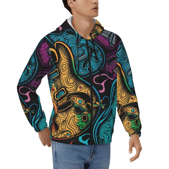 Mens Full Zip Hoodies Sweashirts Jacket Hooded Sweatshirt, Electric Guitars Rock Music Colorful