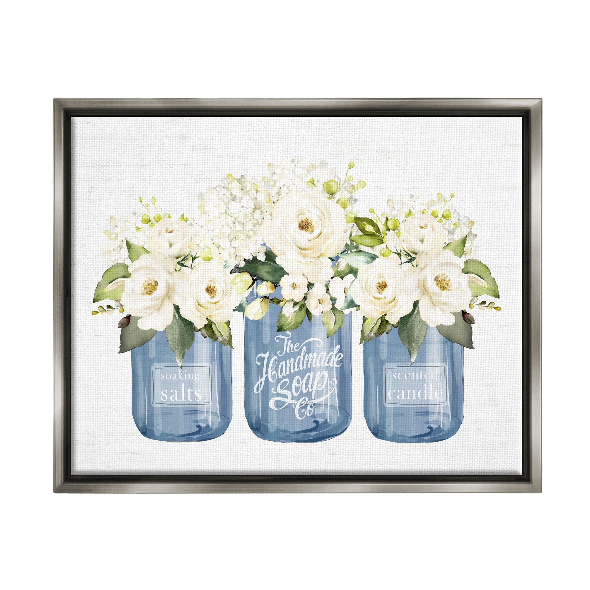 Stupell Industries White Rose Flower Bouquets Blue Farmhouse Jars Graphic Art Luster Gray Floating Framed Canvas Print Wall Art, Design by Lettered and Lined