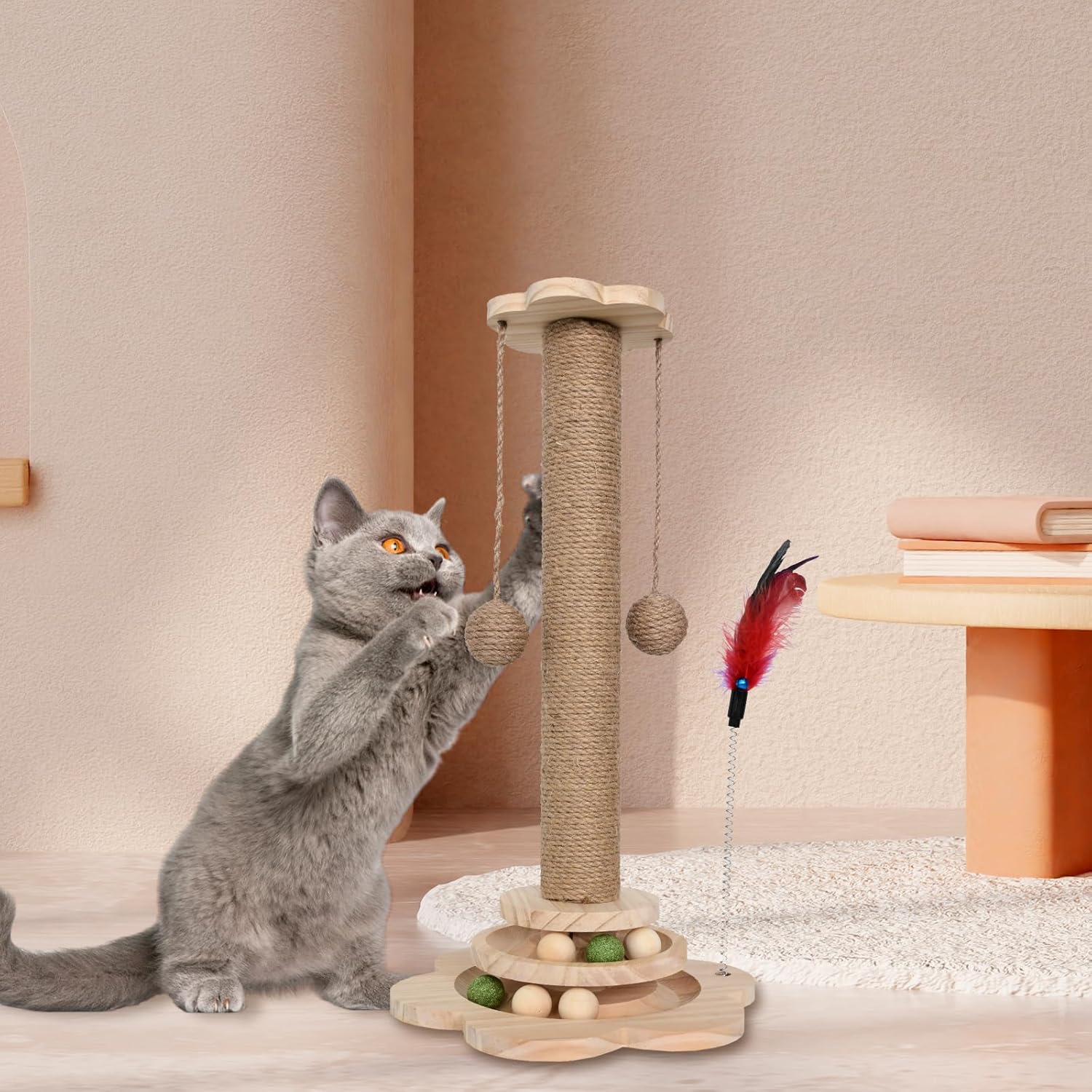LTS EMIRA Cat Scratching Post, 4 in 1 Wooden Cat Scratcher Toy, 19.6" Tall Scratch Post with 2 Level Cat Track Balls, Interactive Feather Toy and 2 Sisal Hanging Balls for Indoor Kittens, Adult Cats