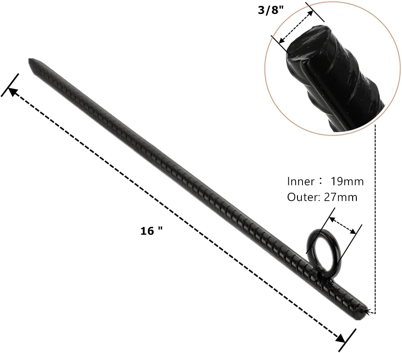 12 Pack 16 Inch Heavy Duty Ground Stakes, Black Steel Ground Anchors with Loop, Reusable Tent Rebar Tent Stakes for Sheds Outdoor Camping Walkway Garden  Fence
