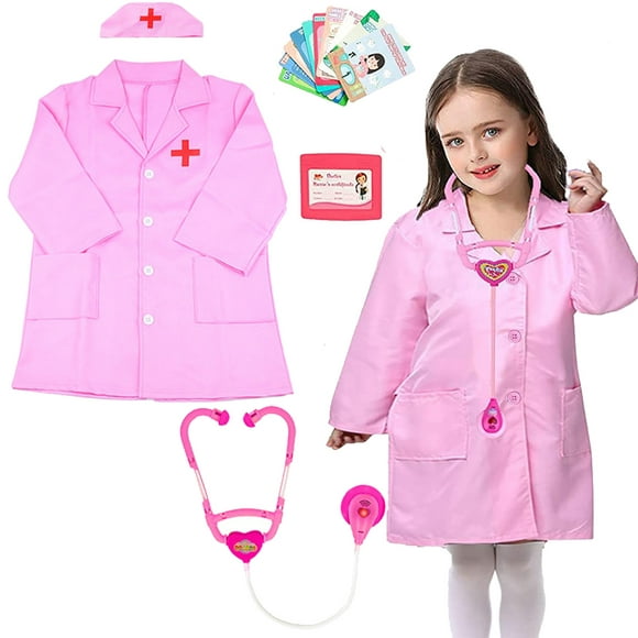 NimJoy Kids Doctor Costume Dress-up Set Pretend Role Play Nurse Kit Preshool Toy for Girls 3-6 Years Toddler, 14Pcs Pink