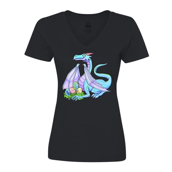 Inktastic Blue Easter Dragon with Painted Eggs Women's V-Neck T-Shirt
