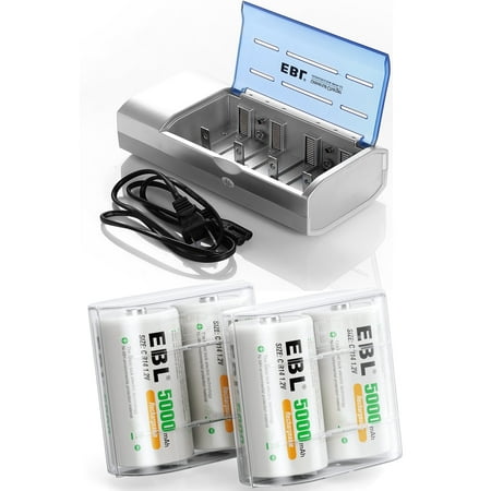EBL Rechargeable C Batteries (4 Pack), C Cell Batteries with Battery Charger, White
