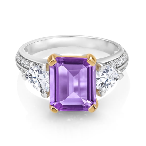 Gem Stone King 925 Sterling Silver and 10k Yellow Gold Purple Amethyst and White Moissanite 3 Stone Engagement Ring for Women (4.63 Cttw, Octagon Cut 10X8MM, Size 7)