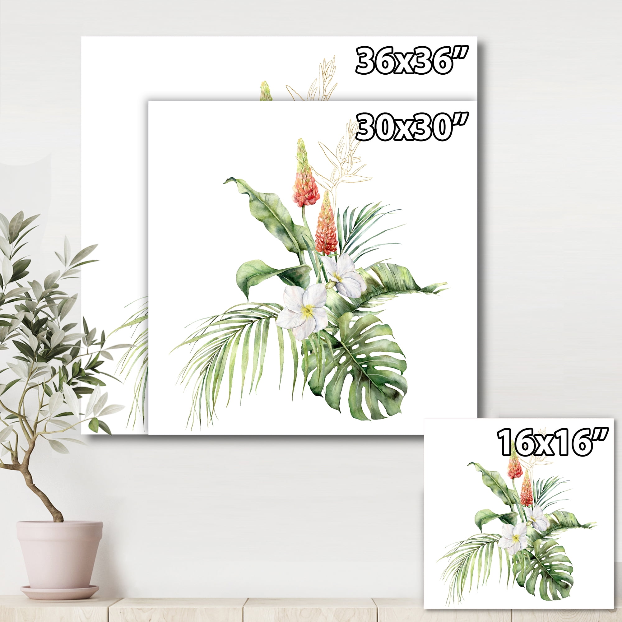 Designart ' Tropical Bouquet With Plumeria Lupine Palm Leaves ' Traditional Canvas Wall Art Print