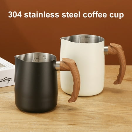 

Riguas 600/1000ML Milk Frothing Pitcher with Precise Scale Wooden Handle Dripless Spout Stainless Steel Latte Coffee Cup Milk Coffee Espresso Cappuccino Latte Art Cup Kitchen Tools