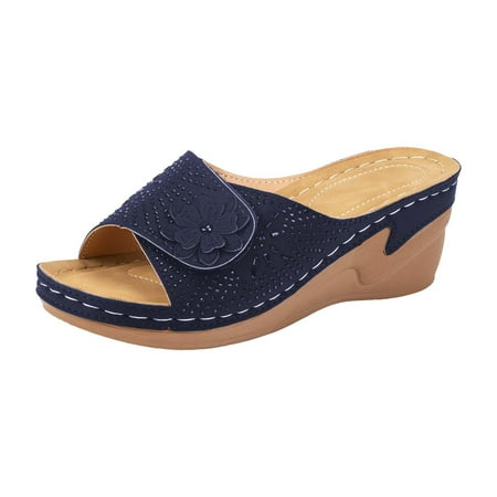 

HTGFGMGW Womens Slide Sandals Women s Beach Slope Heel Slippers Hollow Casual Slippers Slope Bottom Shoes Retro Sandals Comfortable Sandals for Women Hiking Sandals Women Blue