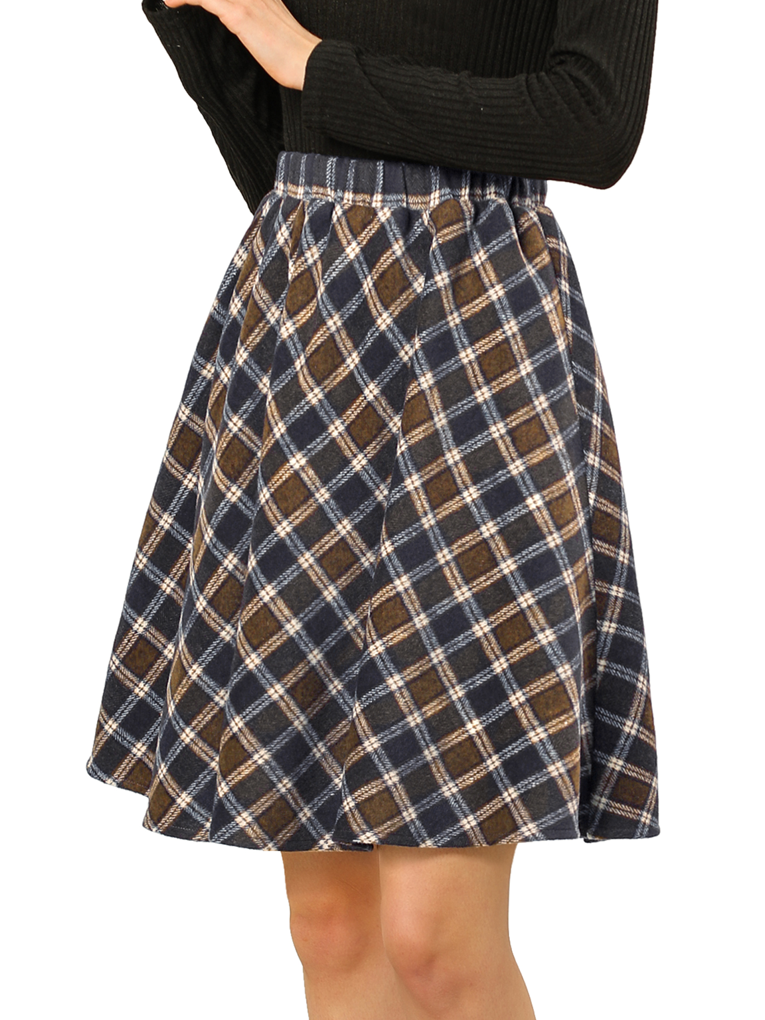 Allegra K Allegra K Women's Plaids Elastic Waist Knee Length Worsted
