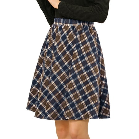 Allegra K Women Plaids Elastic Waist Knee Length Worsted A Line Skirt L Brown