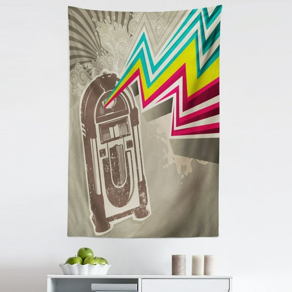 Retro Tapestry, Antique Vintage Retro Radio Party with Colorful Zig Zag Design Image, Fabric Wall Hanging Decor for Bedroom Living Room Dorm, 5 Sizes, Pale Grey and White, by Ambesonne