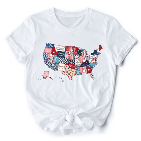Patriotic Patchwork USA T-Shirt, Quilted Map Tee for Americana Fans
