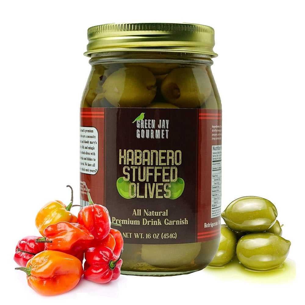 Green Jay Gourmet Habanero Stuffed Olives Stuffed Green Olives for Cocktail Garnish & Cheese