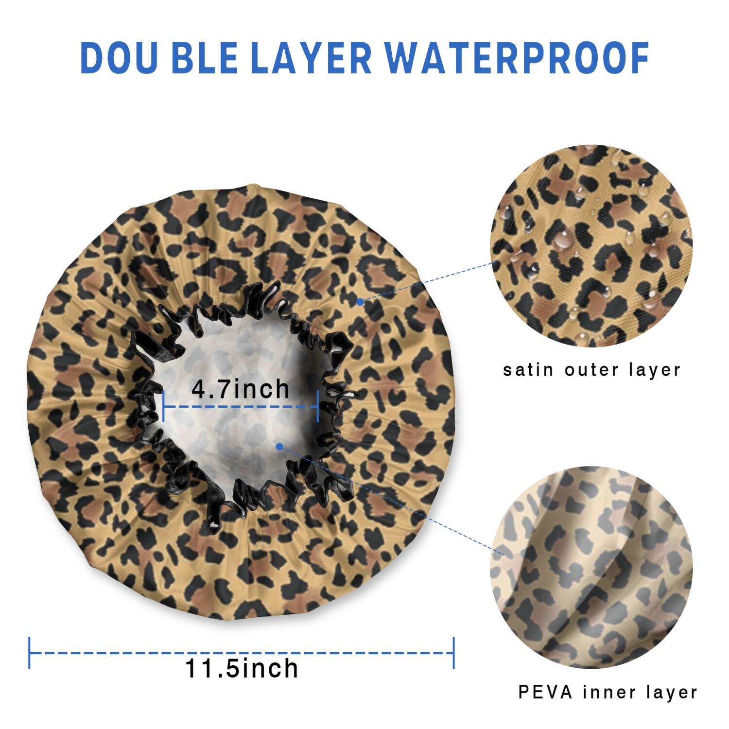Shower Caps,Brown and Black Leopard Print Waterproof Shower Cap for Women 4 Pieces,Double Reusable Hair Cover for Shower PEVA Elastic Stretch Hem