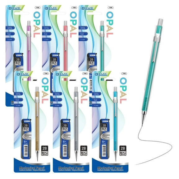BAZIC Mechanical Pencil Opal 0.7mm w/ Ceramic Lead Refills, Smooth Writing Pencils, 6-Pack