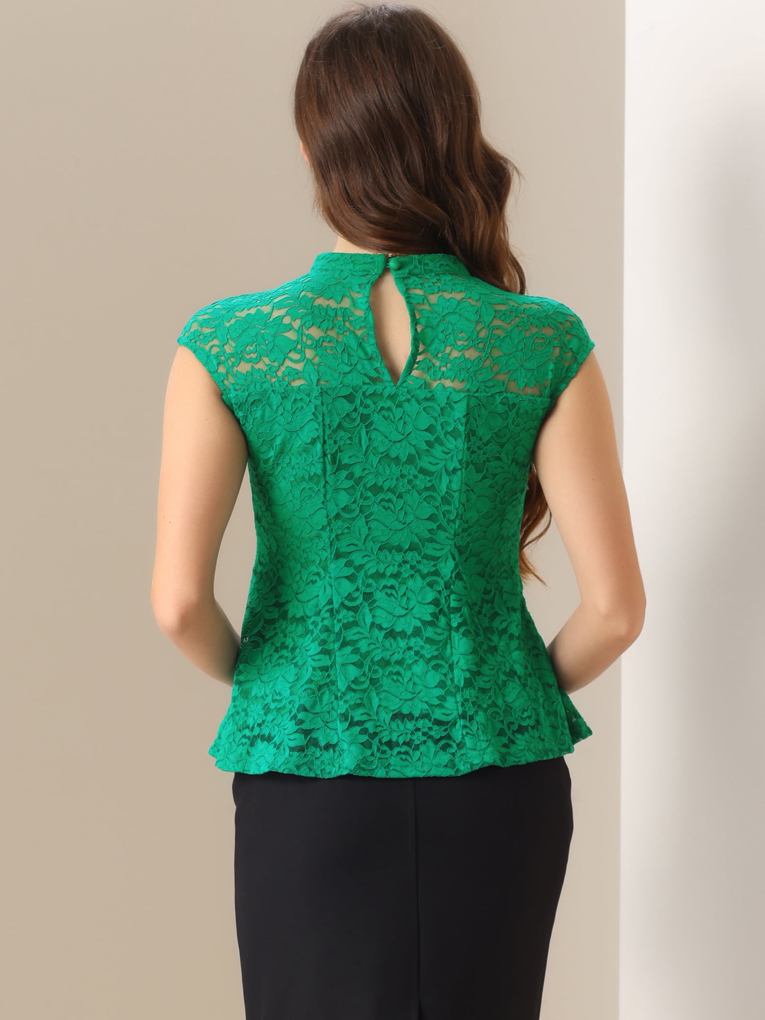 DARING DIVA Lace Floral Crochet Round Neck Peplum Blouse XS Green