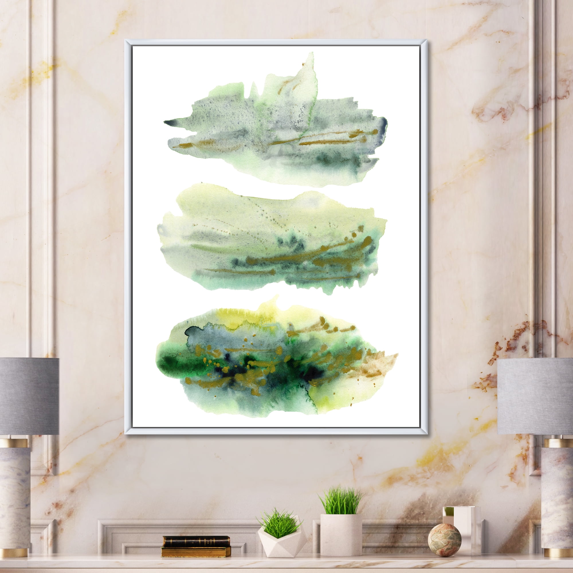 Designart 'Golden Green Abstract Clouds II' Modern Framed Canvas Wall Art Print