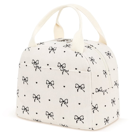 Inosoo Stylish Insulated Tote Lunch Bag for Women, Reusable Corduroy Lunch Box for School or Work, Black Bow Patterned