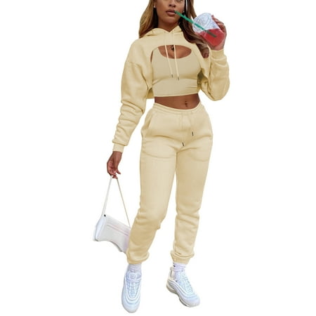 

FOCUSNORM Womens 3pcs Tracksuit Cutout Drawstring Hoodie+Sport Bra Tank Crop Top+High Waisted Sweatpants Cinch Bottom Jogger Set
