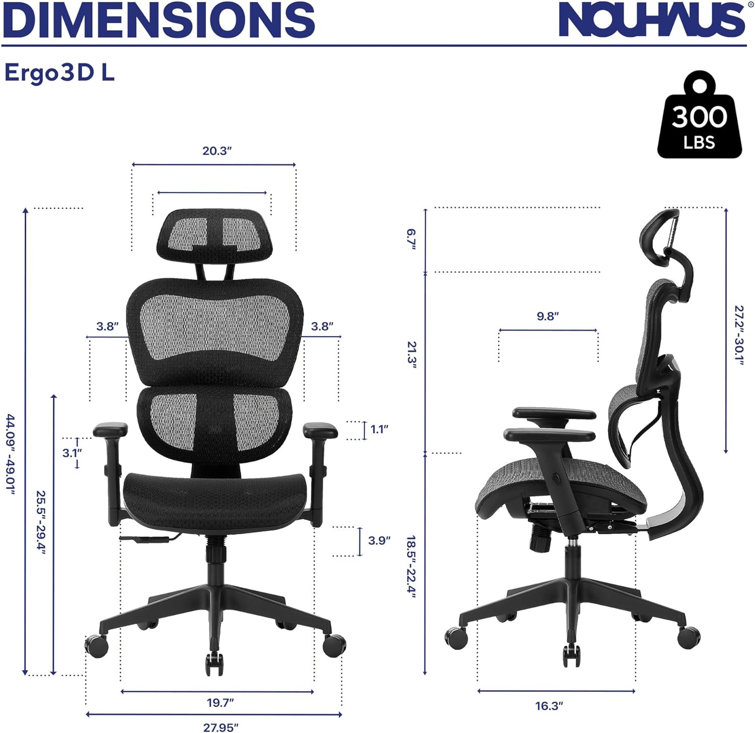 NOUHAUS Ergo3DL Ergonomic High-Back Mesh Office Chair with Adjustable Headrest, Lumbar Support, and Armrests, Black