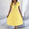 thumbnail image 2 of ClodeEU Womens Lace Trim V Neck Ruffle Hem Midi Dress ,Sleeveless Pleated Waist Casual Dress Yellow,Womens Plus M, 2 of 7