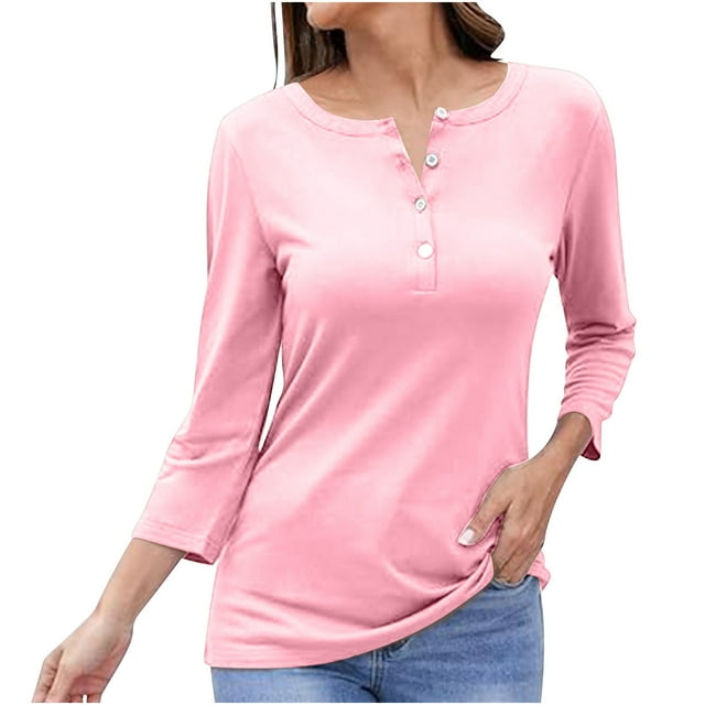 Yuyuzo Long Sleeve Tops for Women Notch V Neck Buttons Tunic Tops Solid Color Comfy Tee Shirts