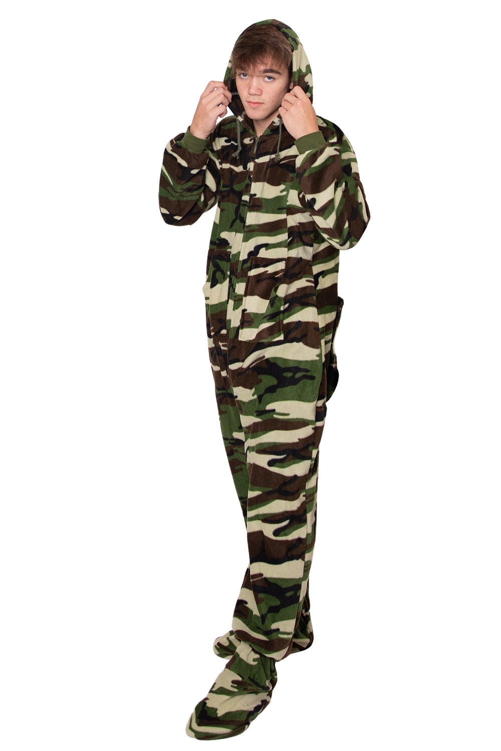 Camouflage One-Piece Hoodie Footed Pajama with Drop Seat |Fleece, with Hood, with Feet|Unisex Adult Men & Women One-Piece Sleepwear