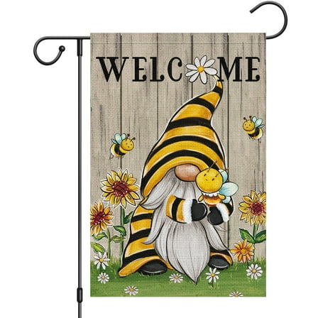 VOCHIC Welcome Summer Gnome Garden Flag Spring Summer Bee Sunflower Yard Flag 12x18 Double Sided Burlap Daisy House Flag for Rustic Seasonal Outside Outdoor House Decoration (ONLY FLAG)