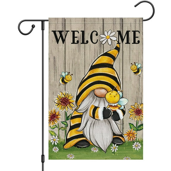 VOCHIC Welcome Summer Gnome Garden Flag Spring Summer Bee Sunflower Yard Flag 12x18 Double Sided Burlap Daisy House Flag for Rustic Seasonal Outside Outdoor House Decoration (ONLY FLAG)