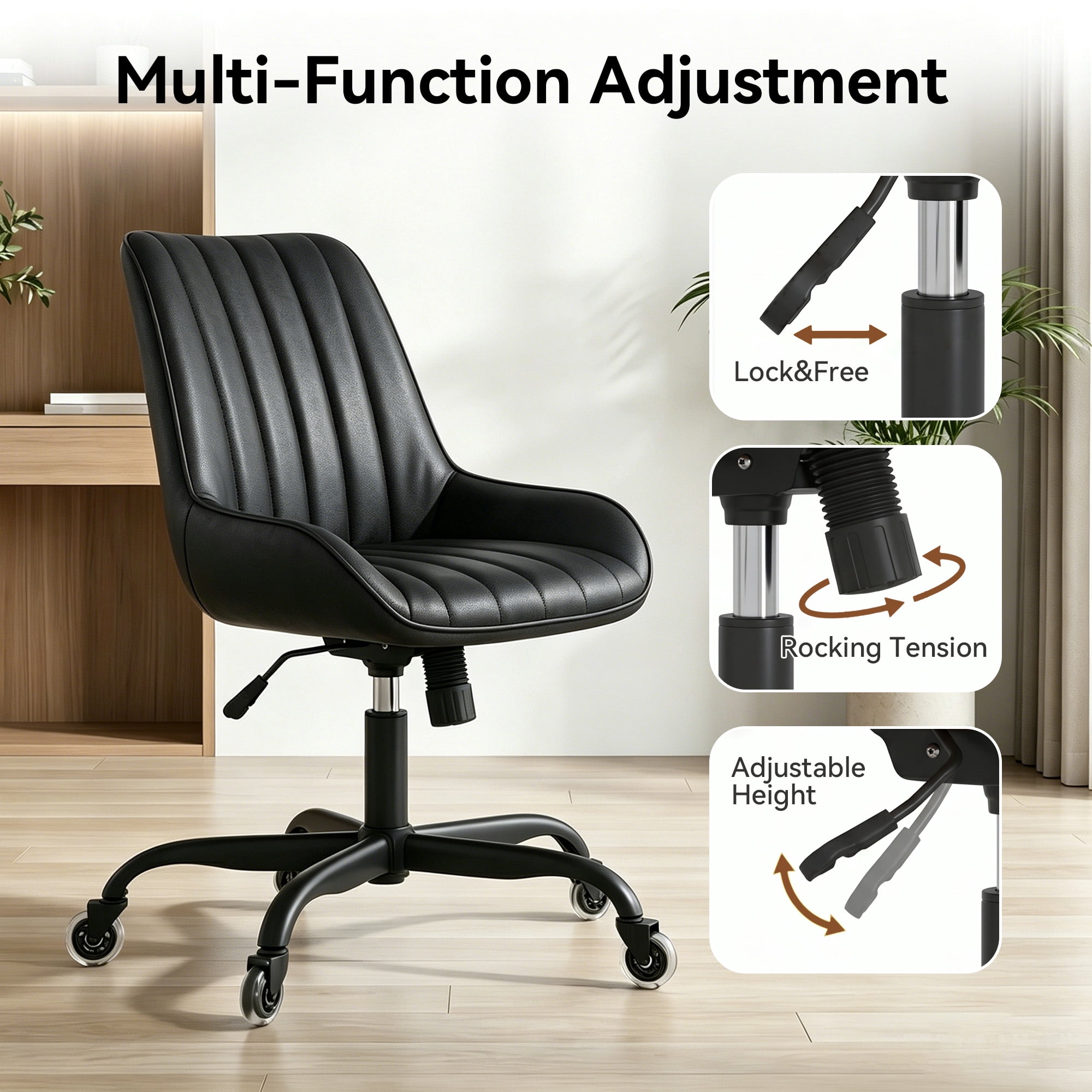 MOONMISS Armless Office Desk Chair Modern Upholstered Faux Leather Swivel Task Chair,Black