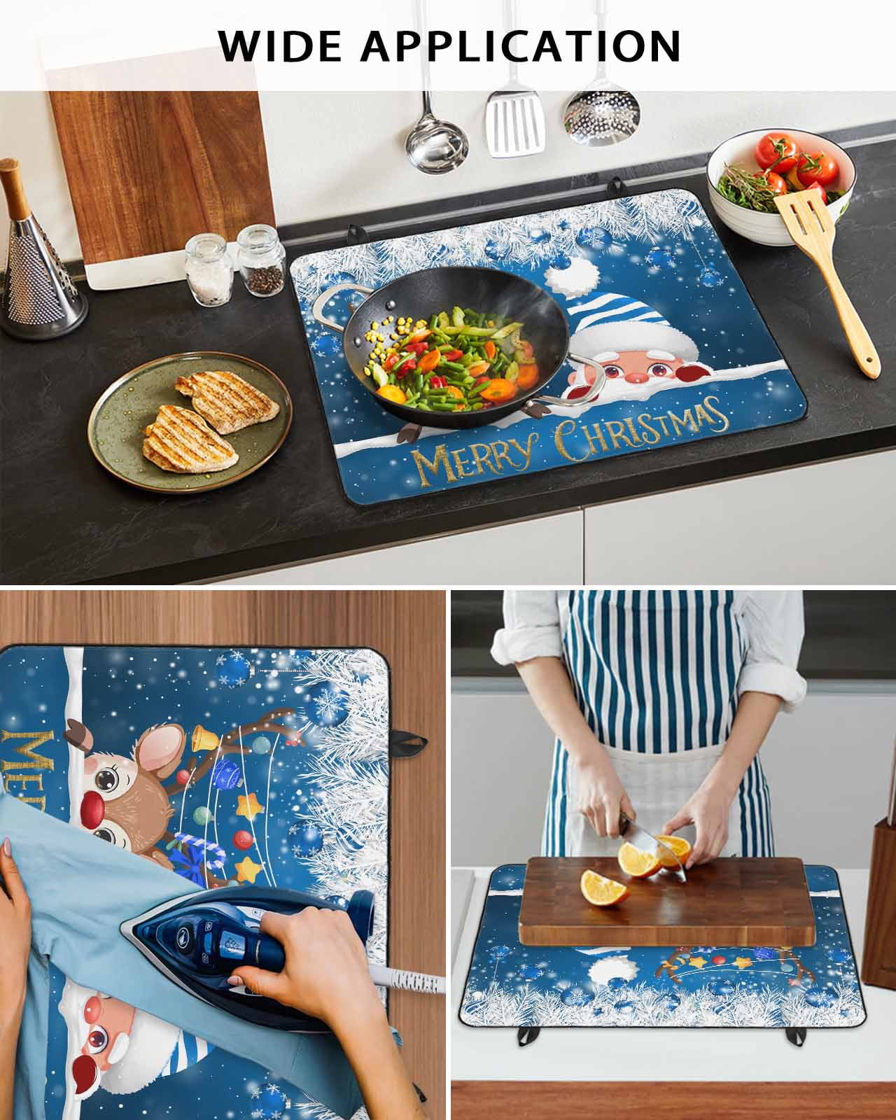 Large Induction Cooktop Protector Mat Christmas Stove Top Covers for Electric Stove, Cute Santa Claus Reindeer Xmas Balls Snowy Navy Blue Decorative Stove Burner Cover Mats, Glass Top Stove Cover