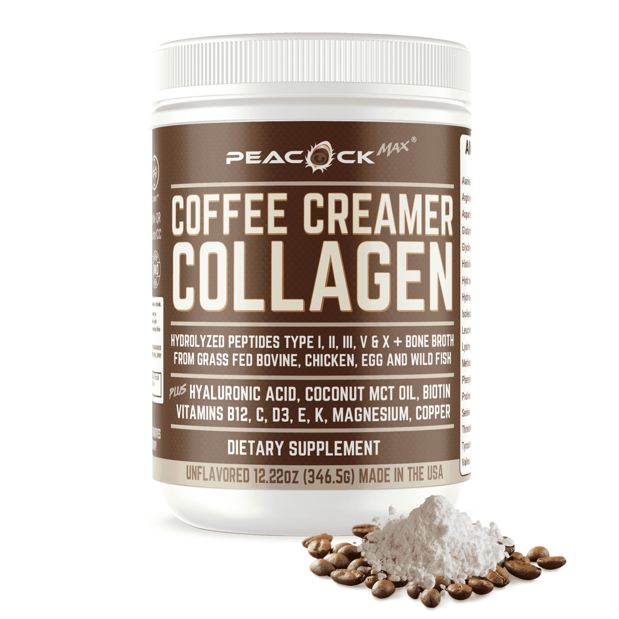 Peacock Max Keto Collagen Coffee Creamer – 12.2 oz Unflavored Protein with MCT Oil, B12, Magnesium