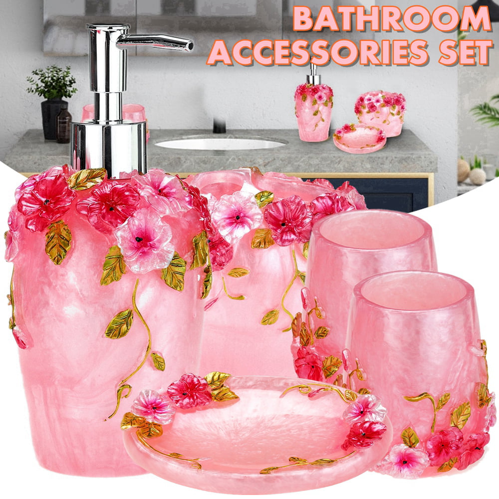 Rose Bathroom Accessories Set, 5 Piece Decorative Resin Collection Bath ...