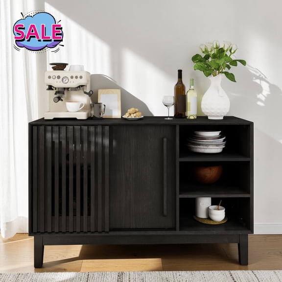 Hassch Buffet Sideboard with 2 Sliding Doors, 47.3 inch Kitchen Storage Cabinet with Open Shelves, Coffee Bar Cabinet for Living Room, Dining Room, Hallway, Black