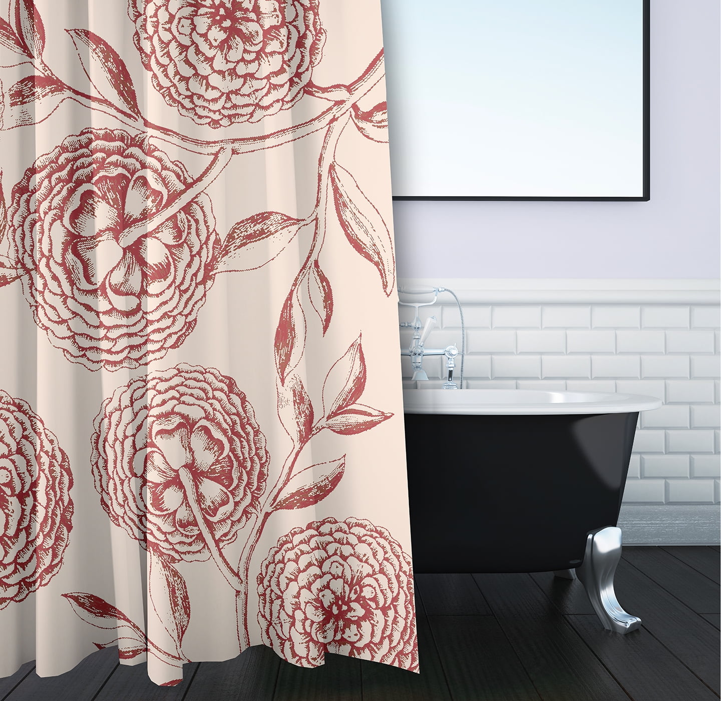 Simply Daisy 70" W x 73" L Antique Flowers Polyester Shower Curtain, Red [1 Ct]