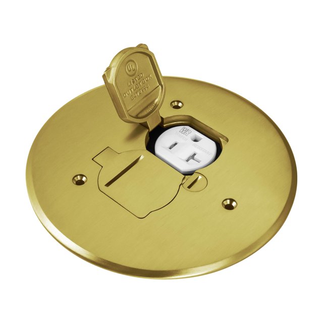 ENERLITES Couvercle de Boîte de Sol à Double Couvercle Rabattable, Diamètre 5.625 Pouces, Sortie Réceptacle Résistante aux Intempéries 20A, Joints Étanches, 975517-C, UL Listed, Laiton, 1 Gang