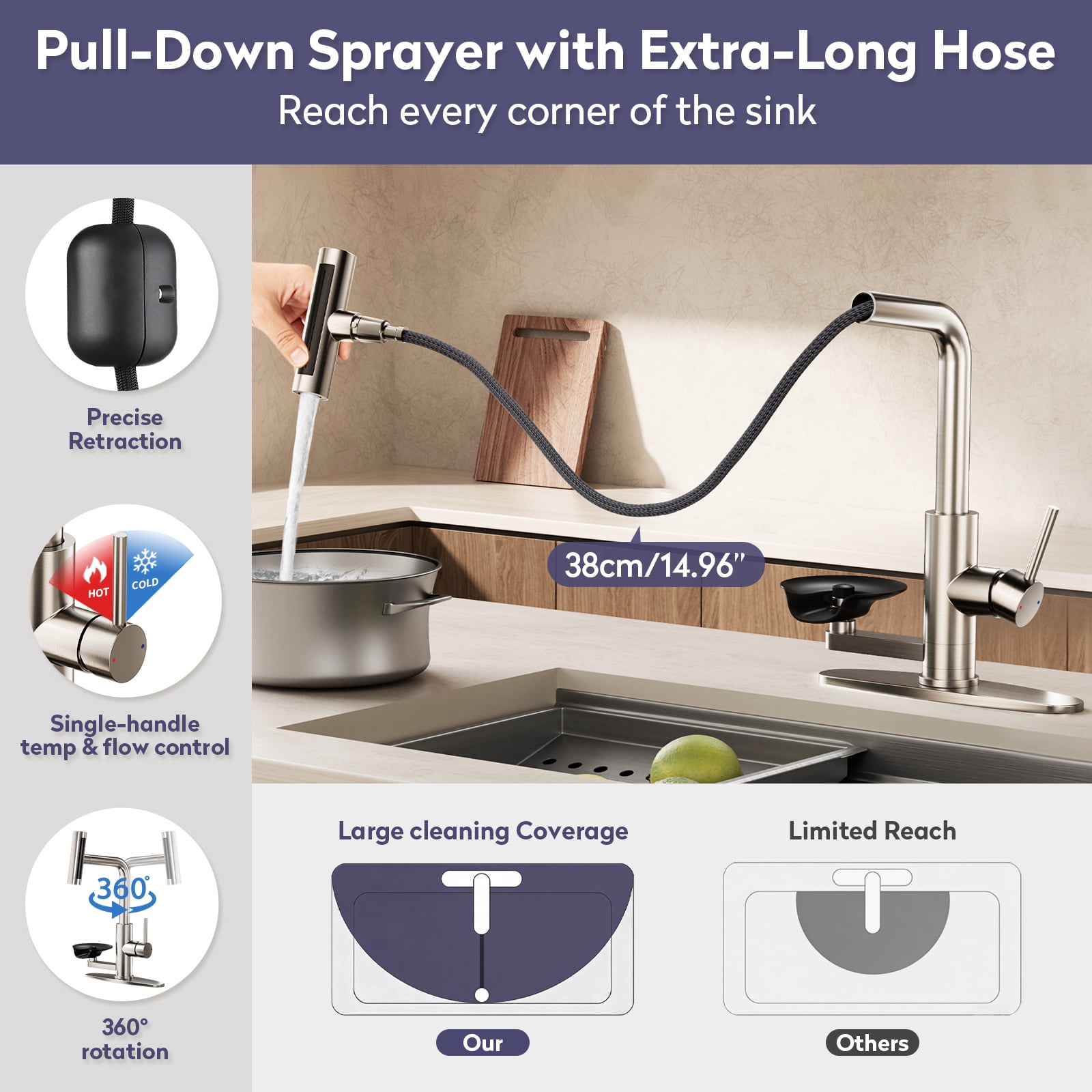KAIYING Pull Down Kitchen Faucet with Integrated Glass Rinser and Waterfall Mode, Brushed Nickel
