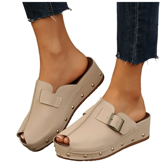 Studded Clogs Mules for Women 2025 Fashion Casual Peep Toe Platform Wedge Slip on Summer Chunky Slides Shoes
