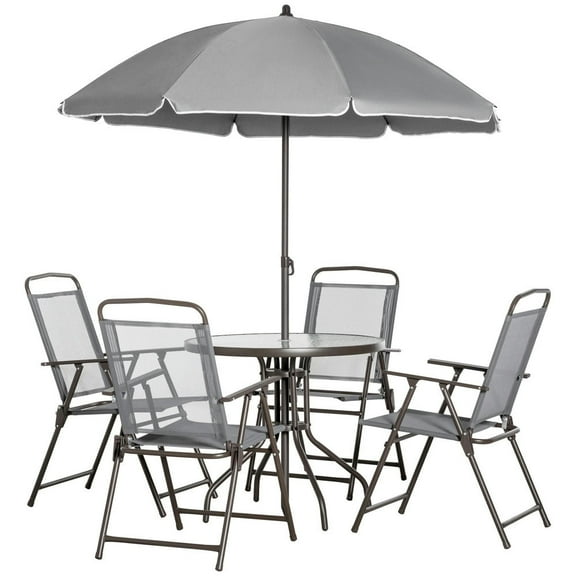 Topcobe 6 Piece Patio Dining Set for 4 with Umbrella, with 4 Folding Dining Chairs & Round Glass Table for Garden, Gray, Modern Outdoor Patio Furniture for Backyard
