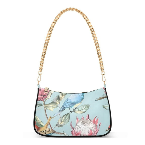 Flowers Birds Leaves BlueWomen Small Shoulder Bag Crossbody Tote Hobo Bags Purse Clutch Handbags with Chain Strap for Women