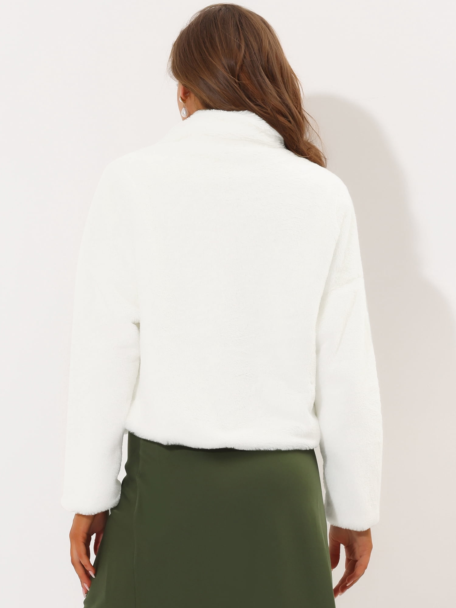 DARING DIVA Women's Cropped Jacket Notch Lapel Faux Fur Fluffy Coat M White